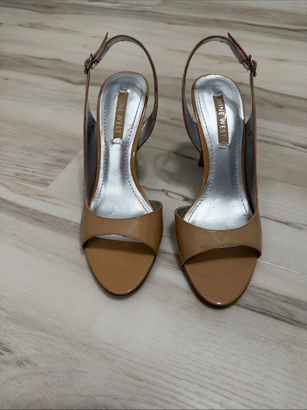 Nine West Nude Patent Leather Open-Toe Slingback Heels